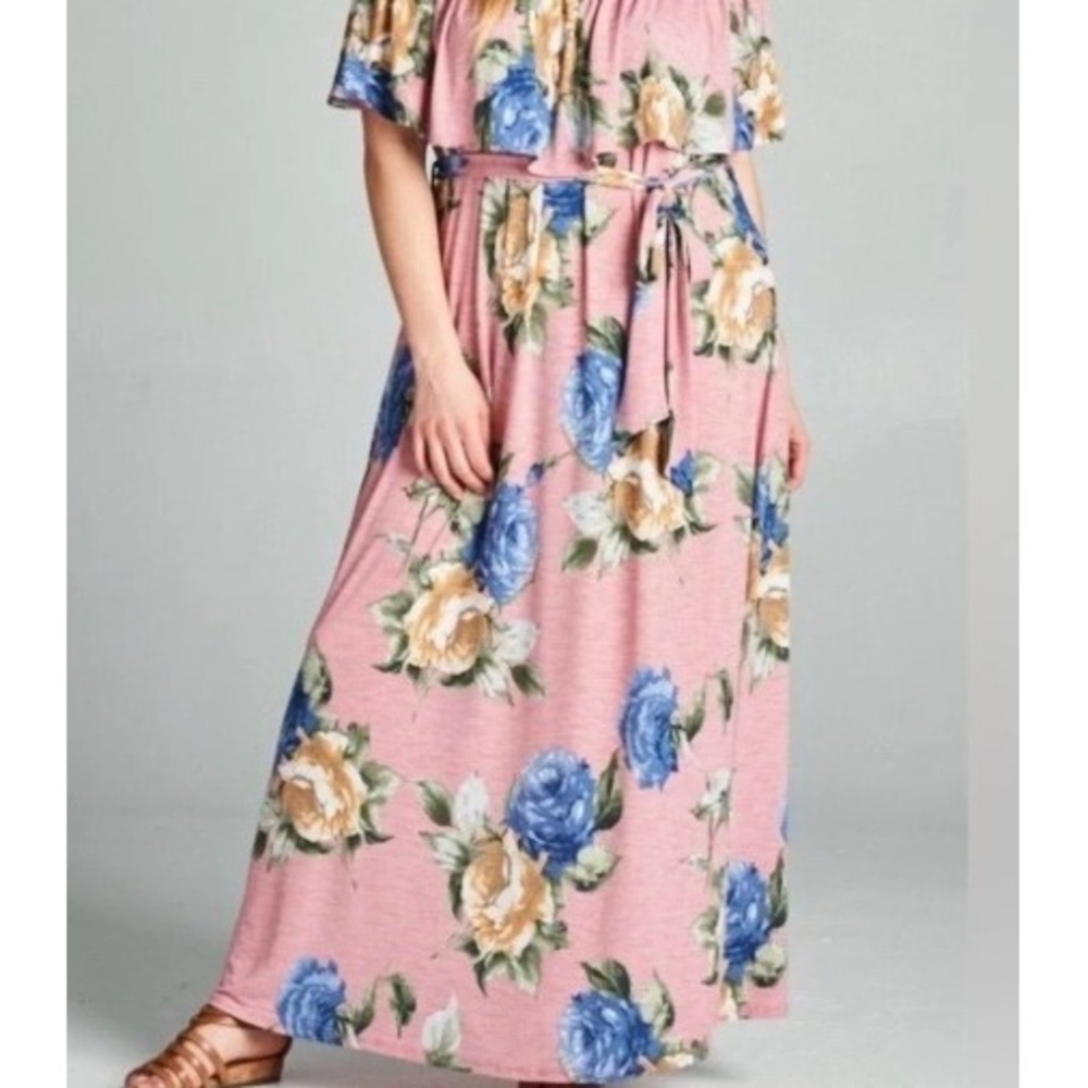 Pink Floral Off The Shoulder Ruffle Maxi Dress L Cottagecore Boho Garden Flowy